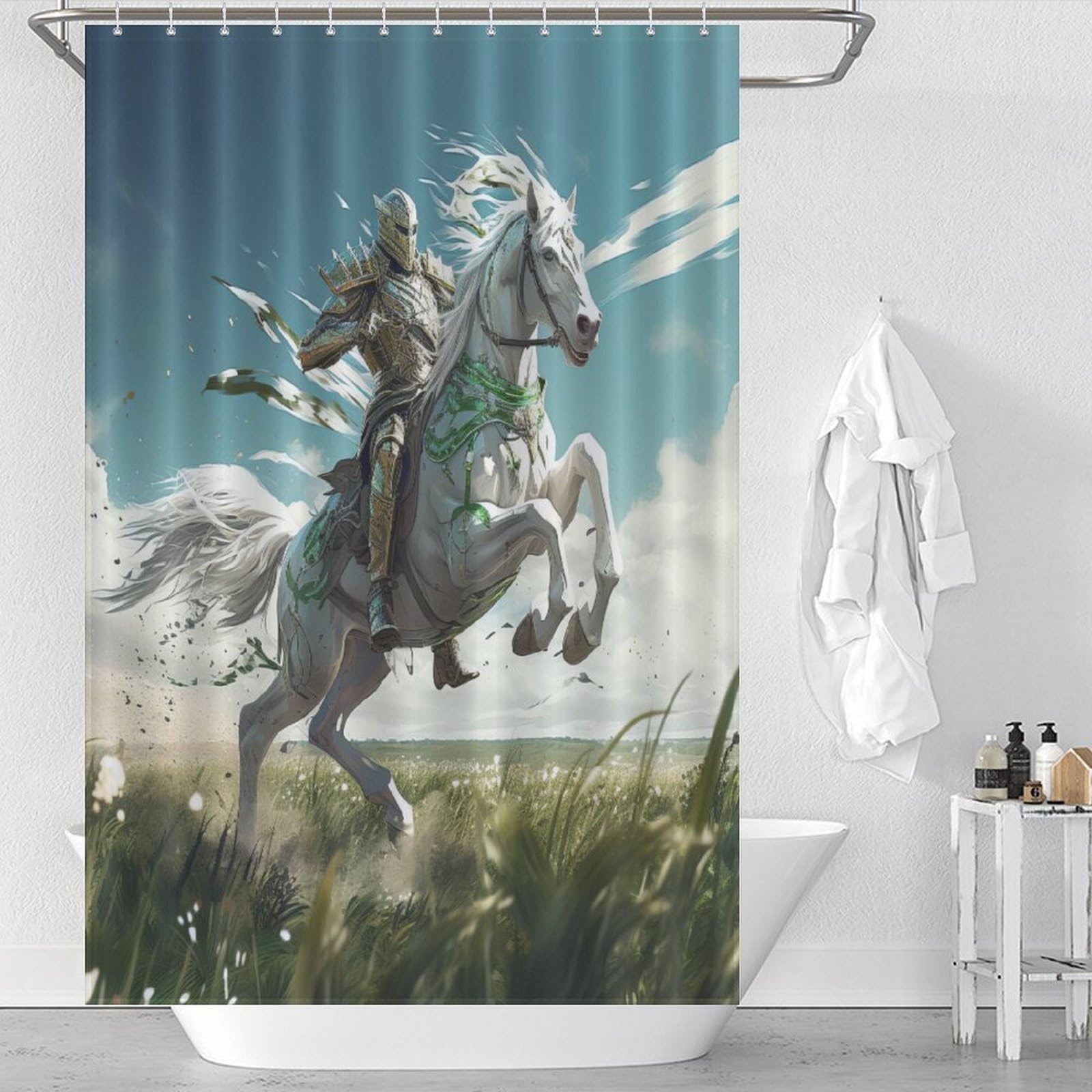 Rideau de douche cheval en tissu polyester imperméable 122x183cm avec 12 crochets pour salle de bain