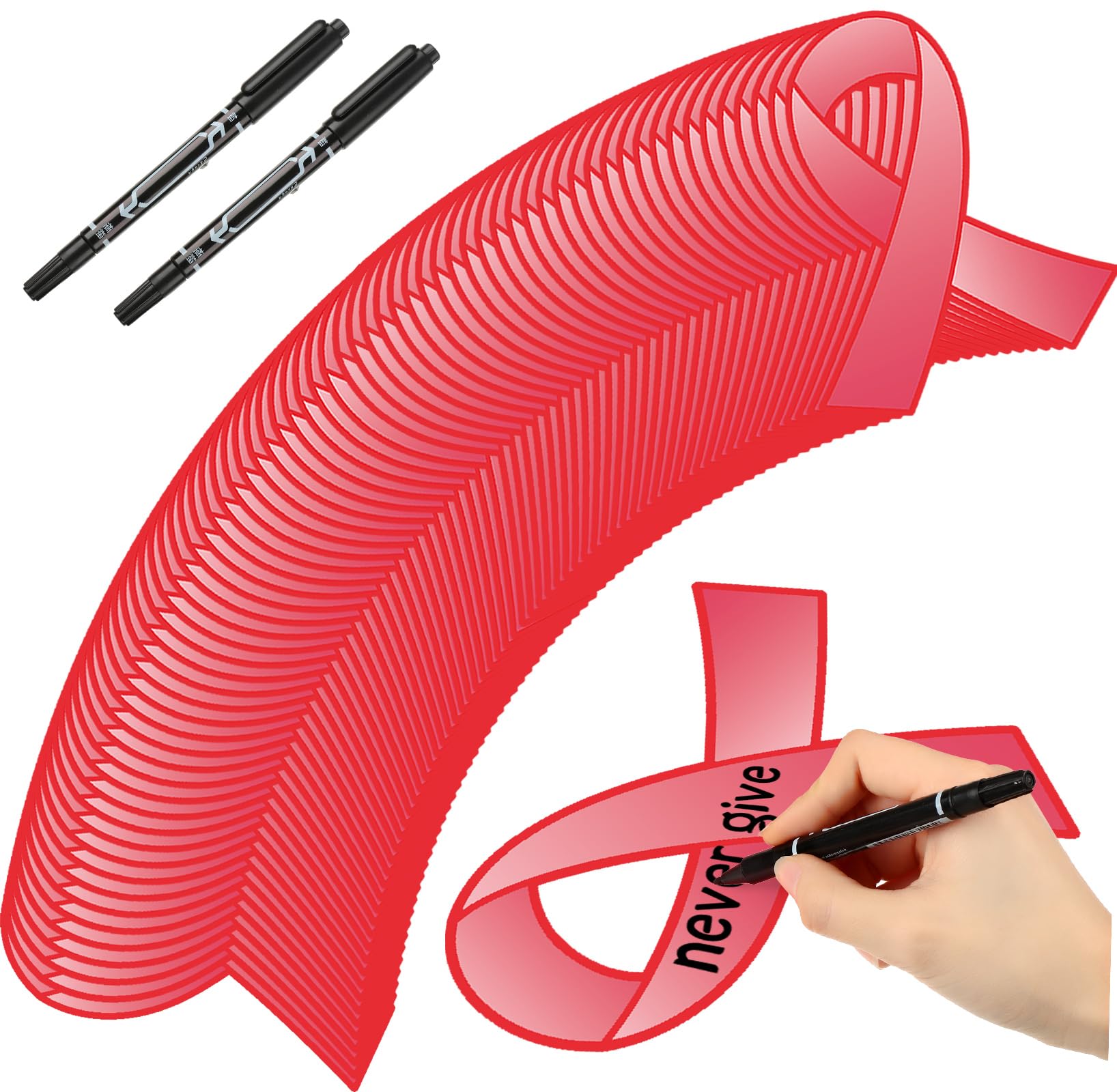 Qilery 100 Pcs Large Red Ribbon Cutouts with 2 Pcs Marker Pens Paper Red Ribbon Heart Disease AIDS and HIV Drug Prevention Awareness Items for Public