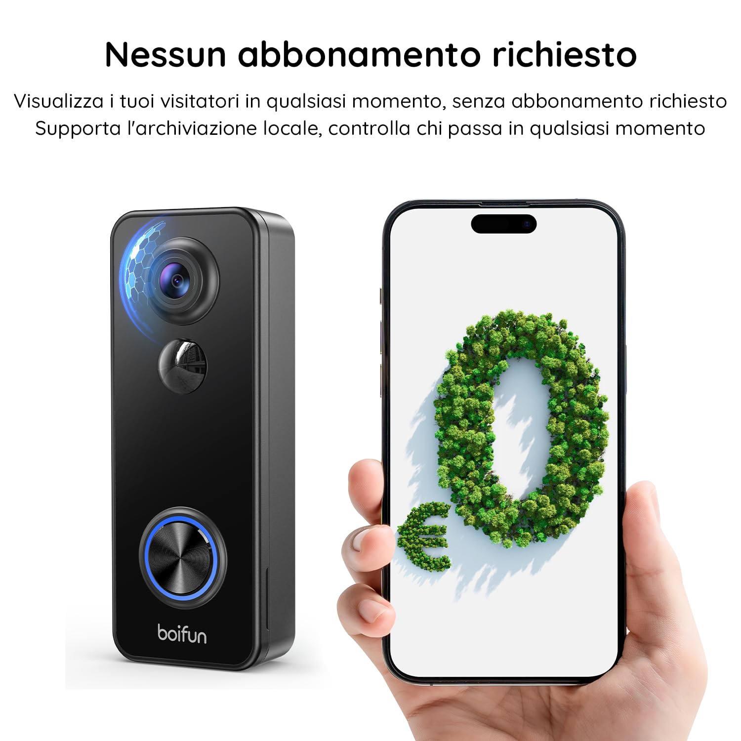 BOIFUN 2K Videocitofono Wifi Senza Fili da Esterno Campanello con Suoneria, 180° Vista Panoramica, Rilevamento Umano Intelligente AI, Audio Bidirezionale, IP65, Alexa Compatibile, 2.4GHz