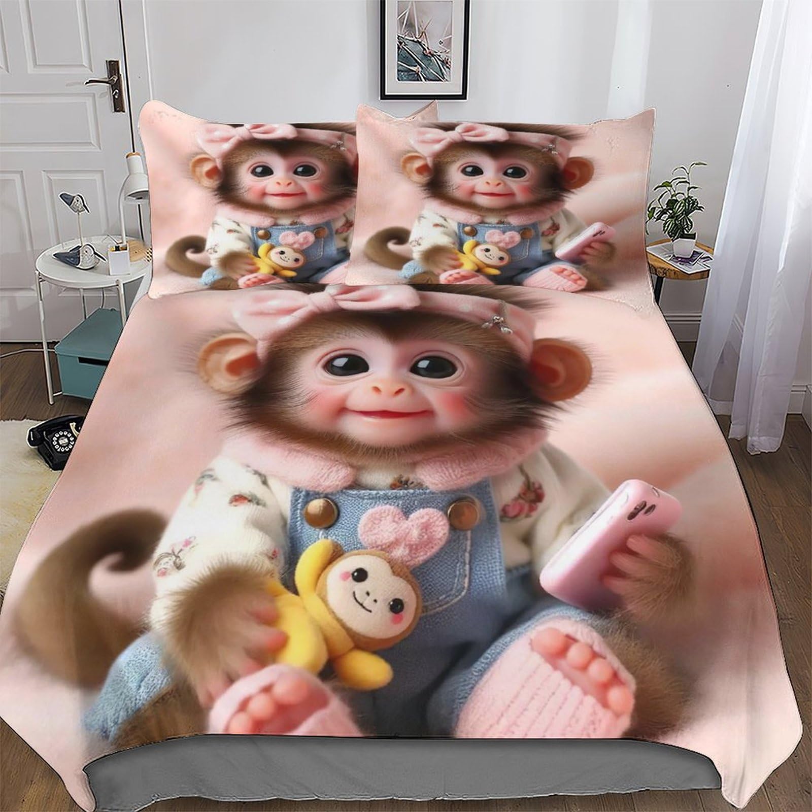 Parure de lit singe mignon King 220x240 en microfibre premium ultra-douce pour enfant