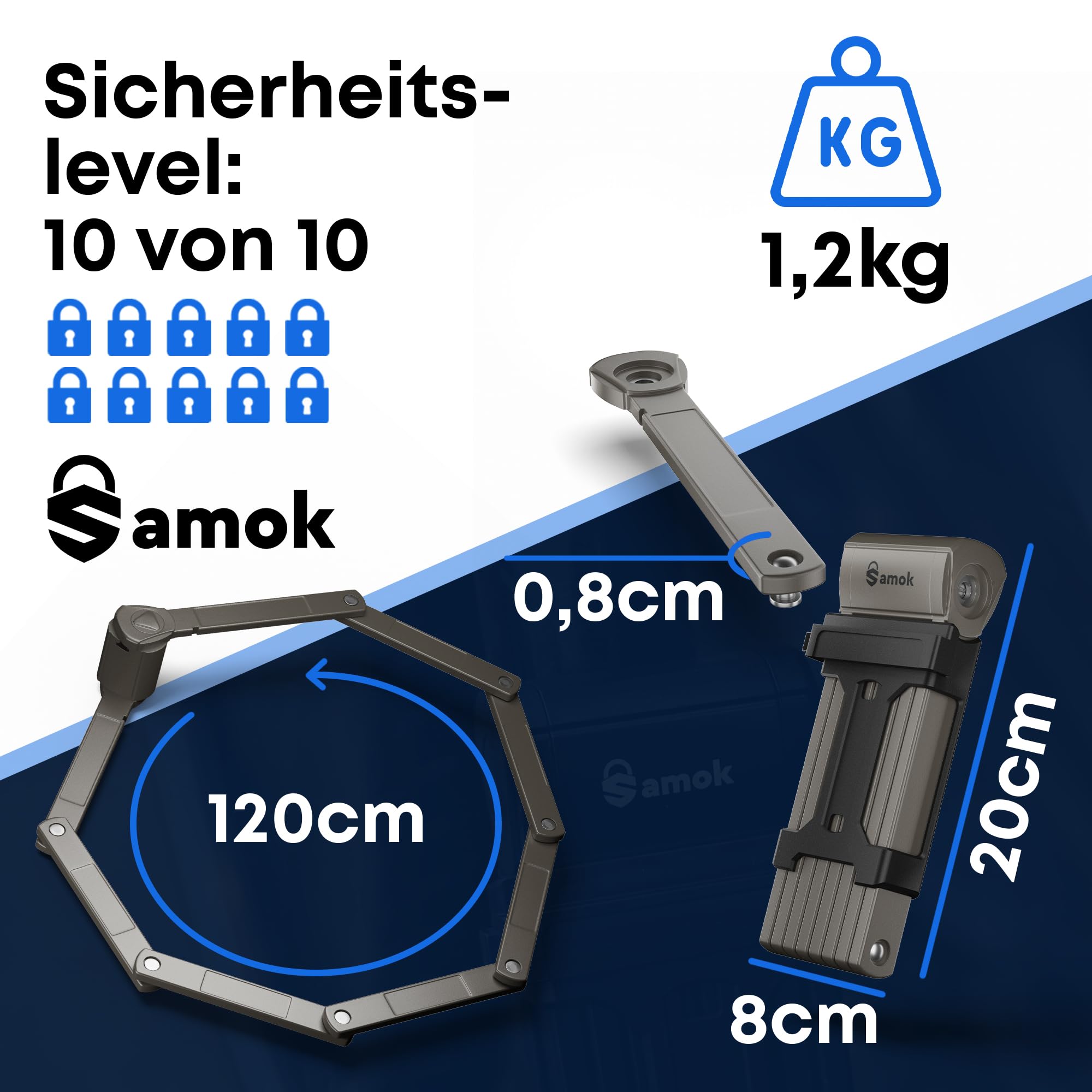 Samok® Lucchetto pieghevole per bicicletta, lunghezza 120 cm, con supporto, pieghevole, con chiave, alta sicurezza, livello 10, antifurto, per e-bike, bici da strada e MTB
