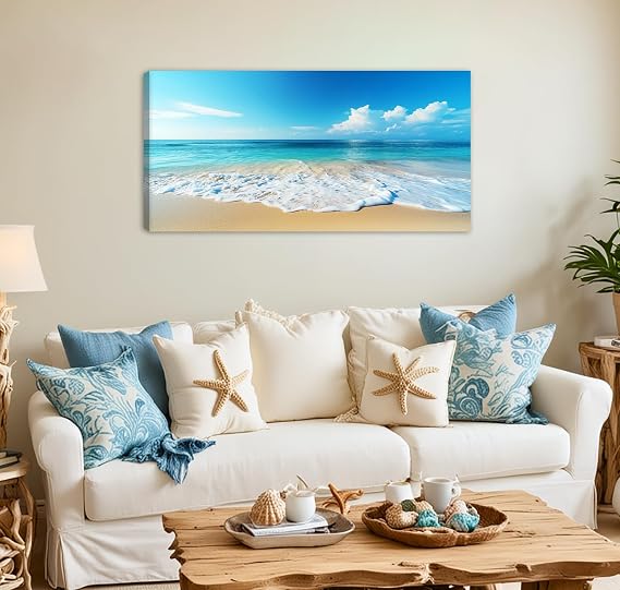 Beach Pictures Wall Art Canvas Print Ocean Pictures Wall Decor Blue Seascape Painting Large Beach Landscape Picture Modern for Home Living Room Bedroom Bathroom Office Decorations 20 x 40