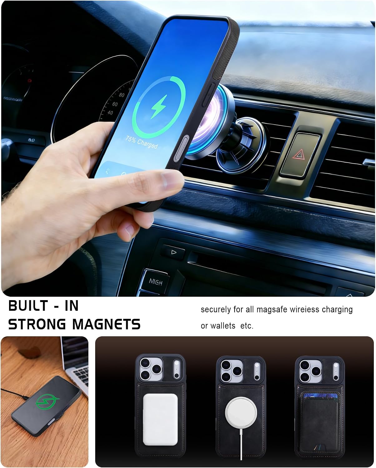 ASAPDOS Magnetic Detachable Wallet Case for iPhone 17 Pro with Kickstand,2-in-1 MagSafe Compatible RFID Blocking Card Holder,Slim PU Leather Cover Black