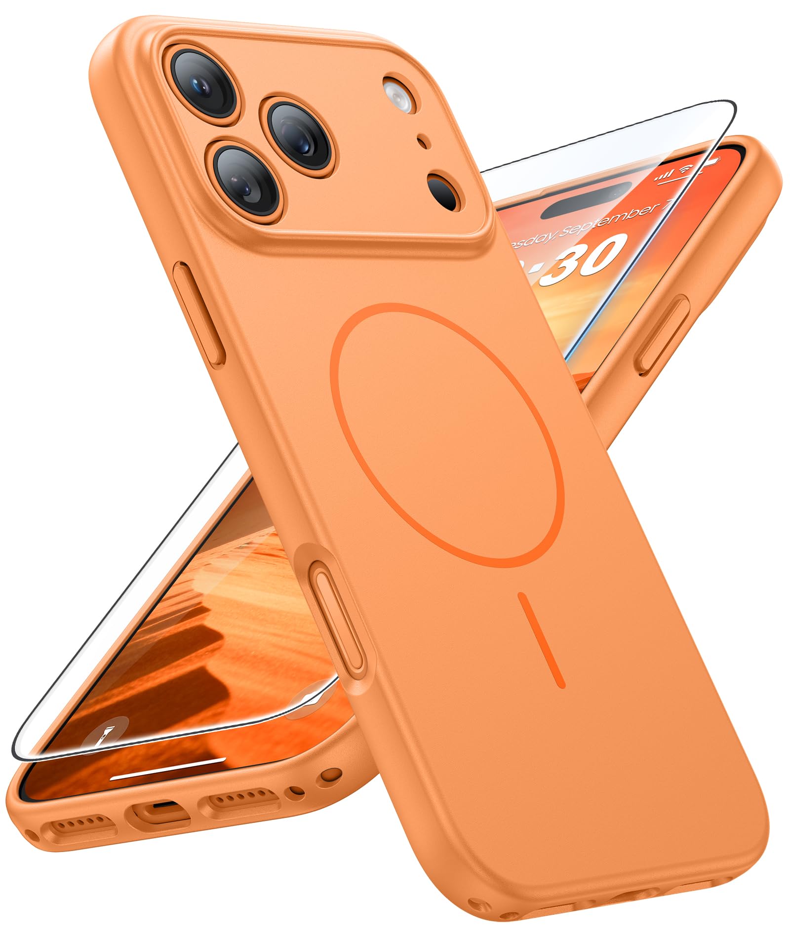 FNTCASE for iPhone 17 Pro-Max Case: Solid Orange Compatible with MagSafe | With Screen Protector, Full Camera Protection, Slim Matte Magnetic Shockproof Cover, 14FT Military Grade Drop Tested