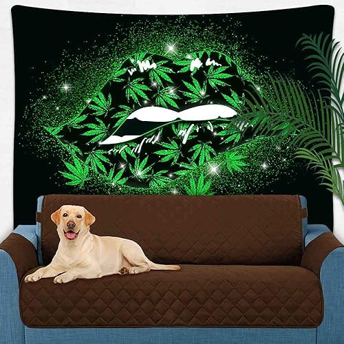 Miniatura 4 de UHOMETAP Tapiz de hojas de marihuana verde psicodélica, 80 x 60 pulgadas, dormitorio, sala de estar, oficina