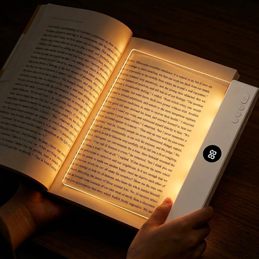 Flat Book Light for Reading in Bed, Full Page LED Reading Panel,Rechargeable Transparent Acrylic Page Lamp,3 Color Modes & Stepless Dimming,USB-C Ultra-Thin Travel Portable Night Light (White)