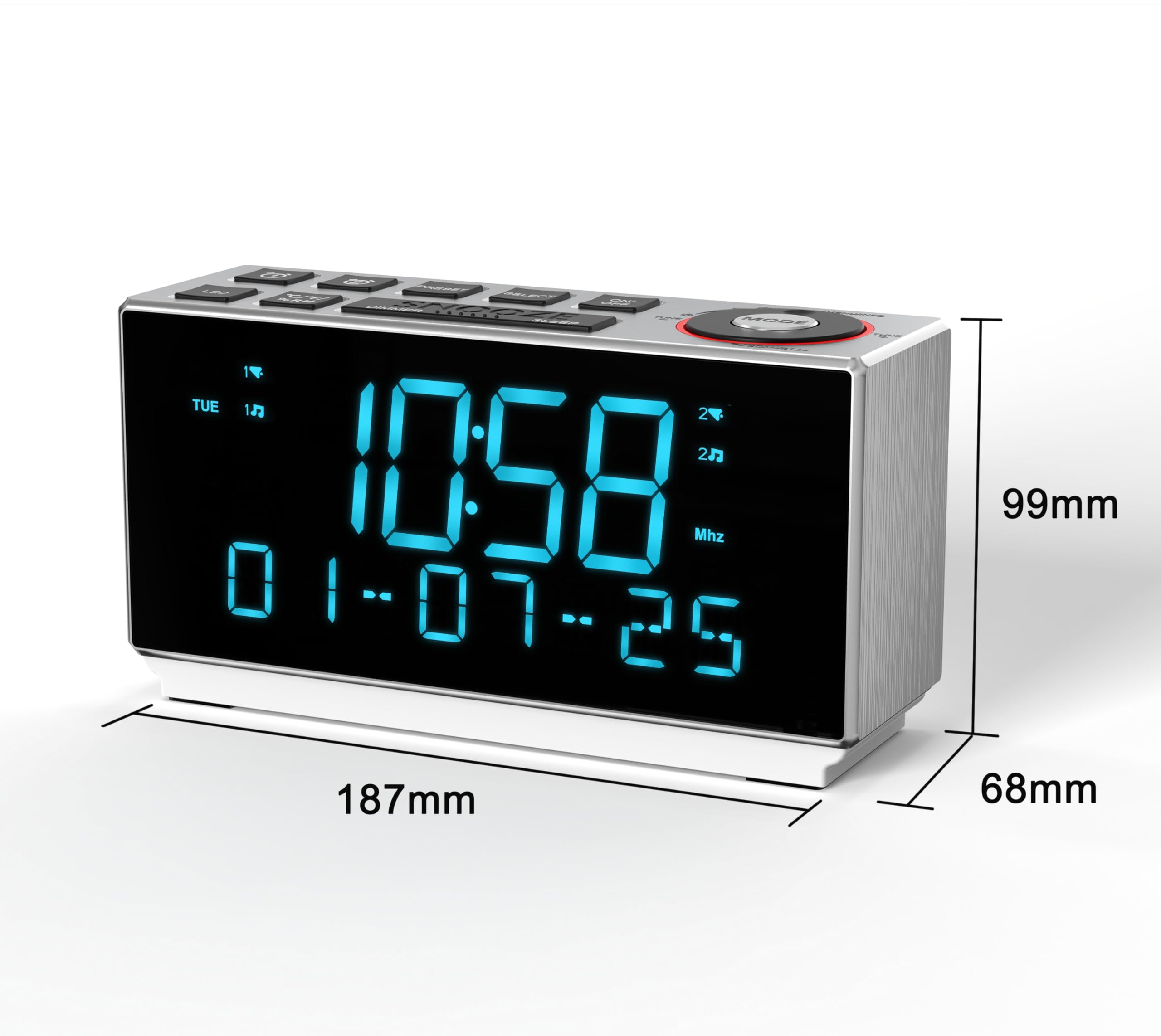 Radio despertador DAB+ y FM con Bluetooth, 40 preajustes, auriculares, alarma dual con repetición y temporizador de sueño, dos puertos de carga, regulable, indicador de humedad de temperatura