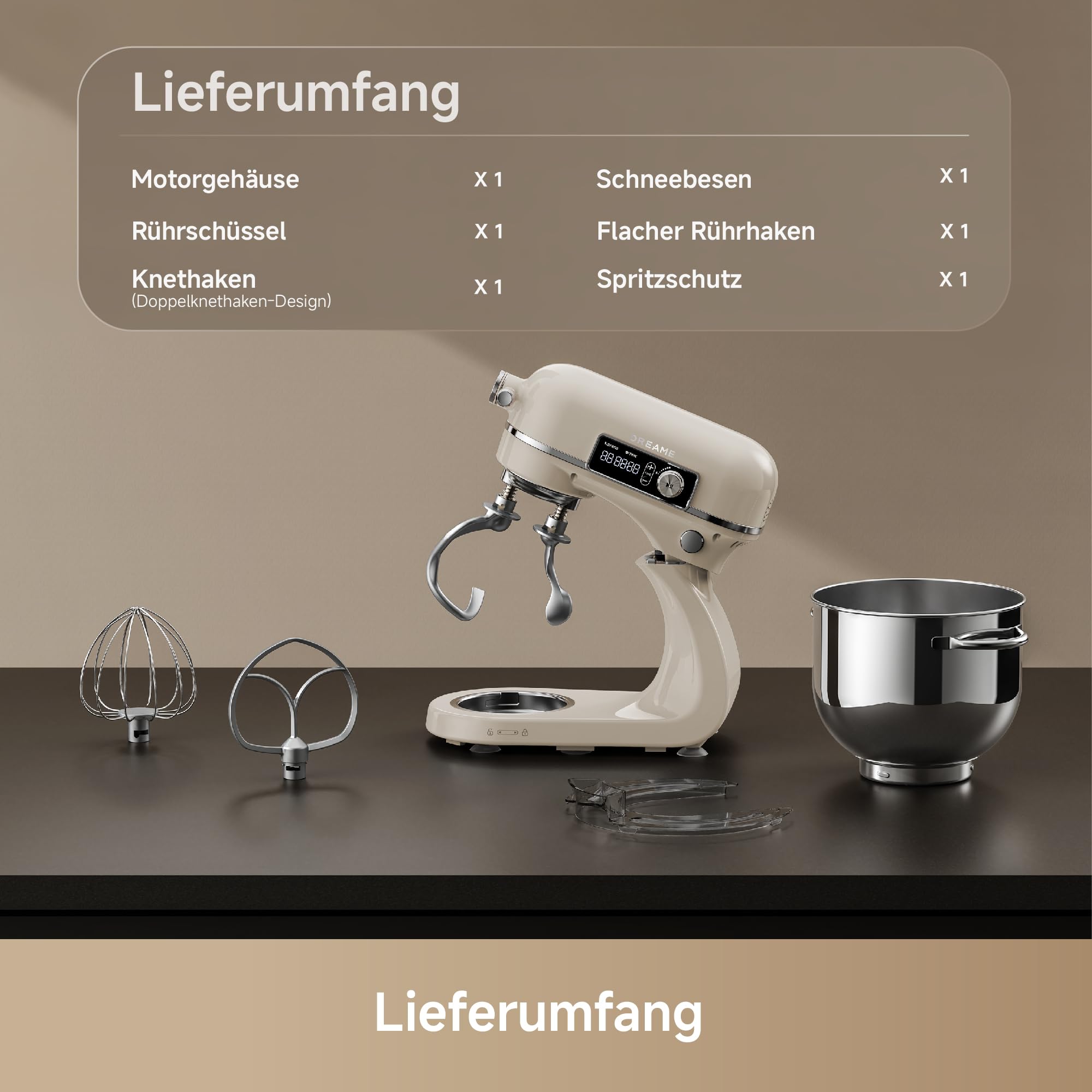 Dreame BioKnead™ Küchenmaschine mit Rührschüssel. Patentierter Doppelknethaken und leiser 800-W-DC-Motor für 6-L-Schüssel. Digitales Display, 12 Geschwindigkeiten