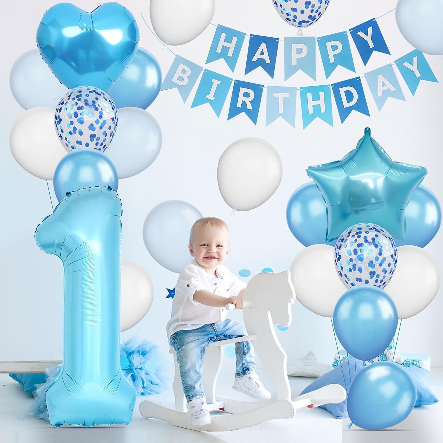 1st Birthday Decoration for Boys, Blue White Confetti 1st Birthday Balloons image 4