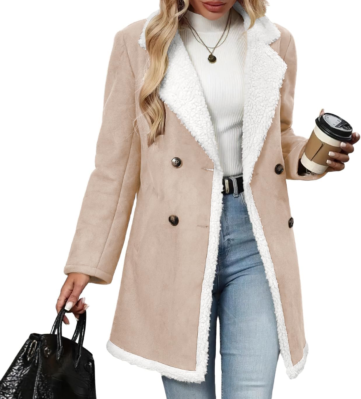 chouyatou Women's Winter Notch Lapel Double Breasted Peacoat Sherpa Fleece Lined Faux Suede Jacket Coat