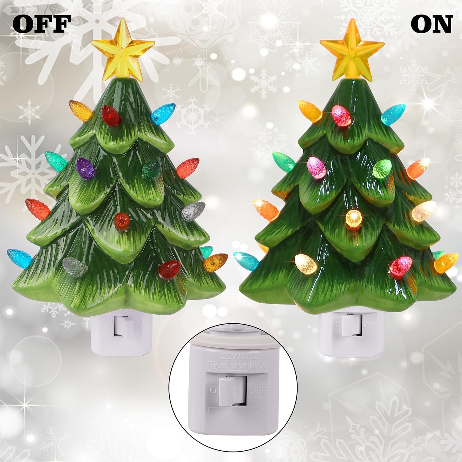 Hausse Green Christmas Tree Night Light, Decorative Ceramic Xmas Tree Nightlight with Lamp for Kids, Multicolor Bulbs & 360 Degree Swivel Plug with On/Off Switch for Bedroom Kitchen Bathroom Decor image 3