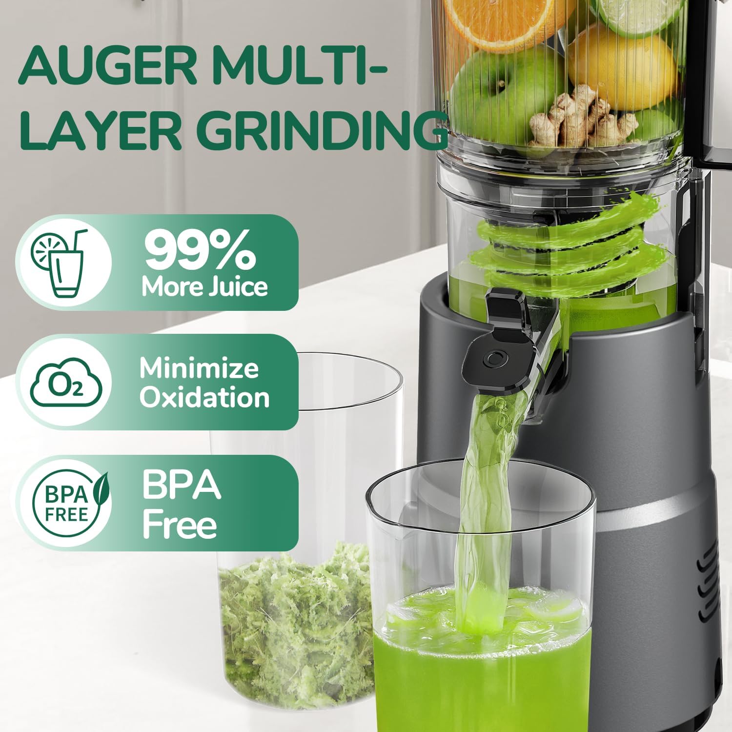 Canoly Cold Press Juicer, 350W Slow Juicer Machine with 4.5" Wide Feed Chute, Masticating Juicer Supports Whole Fruits & Vegetables, Reverse Function, Easy to Clean with Brush, Space Black - Image 5