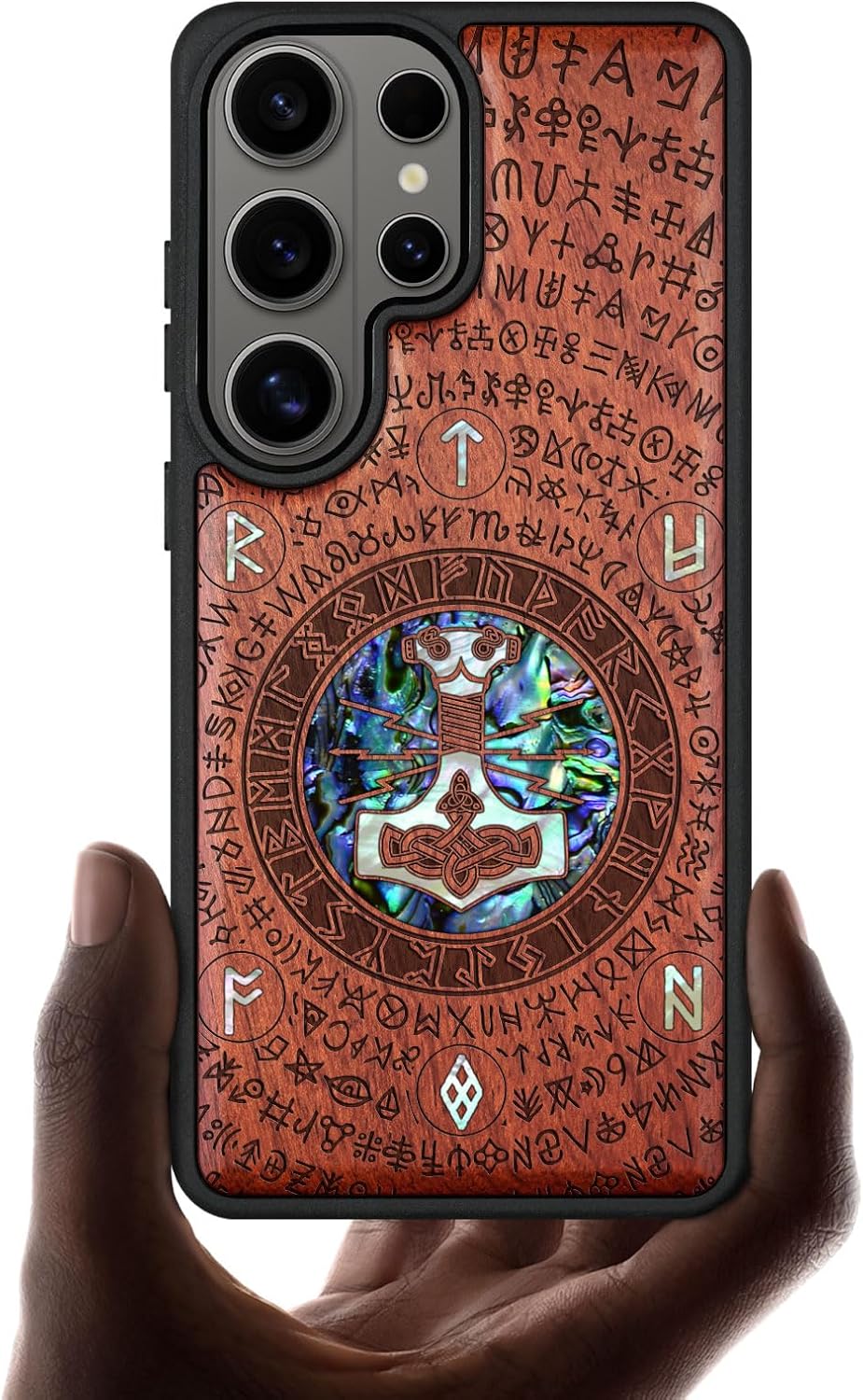 Carveit Magnetic Wooden Case for Samsung Galaxy S26 Ultra Case, Wood Artisan Engraved & Handmade Shell Inlaid, Compatible with MagSafe Wireless Chargers (Shell Yin Yang Wolf) Blackwood