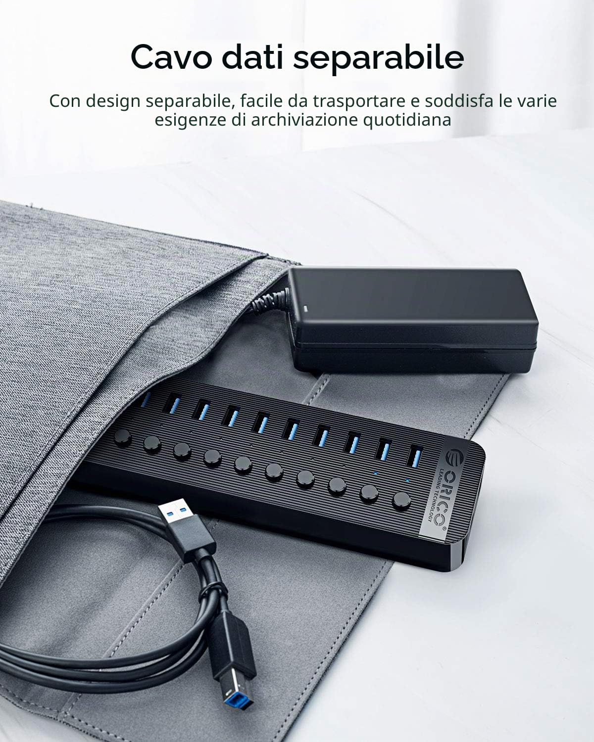 ORICO HUB USB 3.0 Attivo 13 Portes Alimentato 60W Alimentazione 12V / 5A con Alluminio Interruttore ON/OFF Individuale per Computer Desktop, PC, iMac, HDD Mobile, Unità Flash, Ricarica IiPad