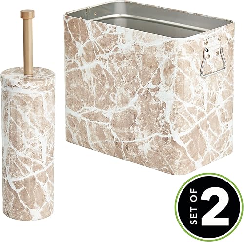 Miniatura 2 de mDesign Cepillo de inodoro compacto de metal, cubo de basura rectangular, cubo de basuracubo de reciclaje combinado para limpieza y almacenamiento