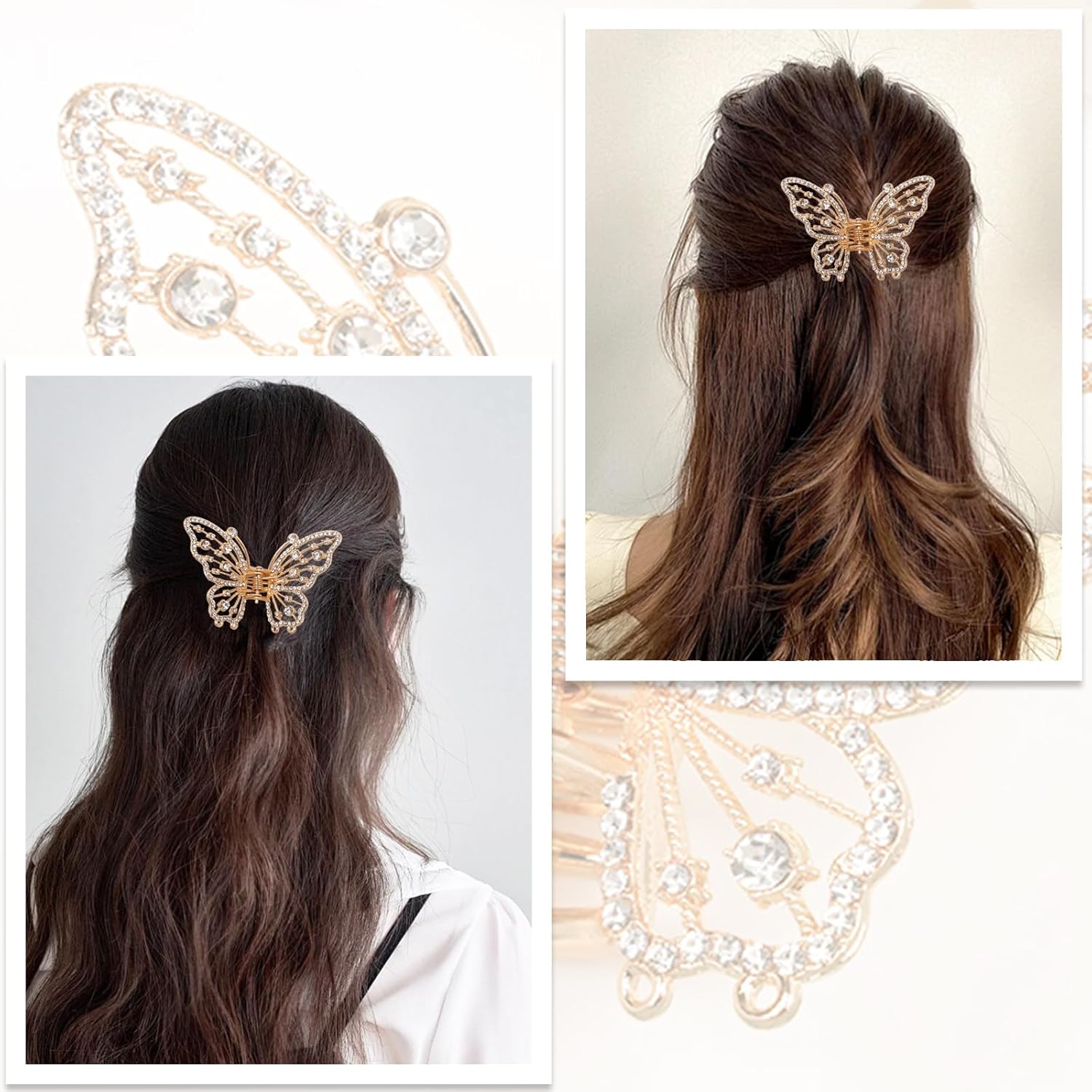 4PCS Vintage Butterfly Hair Clips for Hair, Metal Gold Rhinestone Butterfly Mini Hair Clips Sparkly Diamond Claw Clips Alloy Fancy Thick Hair Barrette Clamp for Women Girls - Image 3