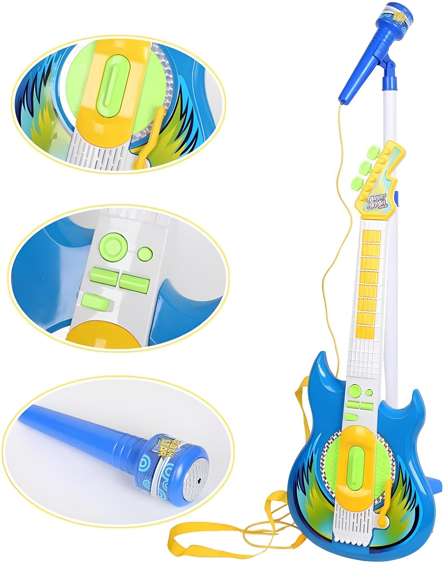 Chitarra Elettrica e Microfono con Asta Giocattolo Bambini Chitarra Rock Microfono Karaoke con Collegamento MP3 Smartphone Asta Regolabile Altoparlante Basi Musicali Chitarre Rock Elettronica (b)