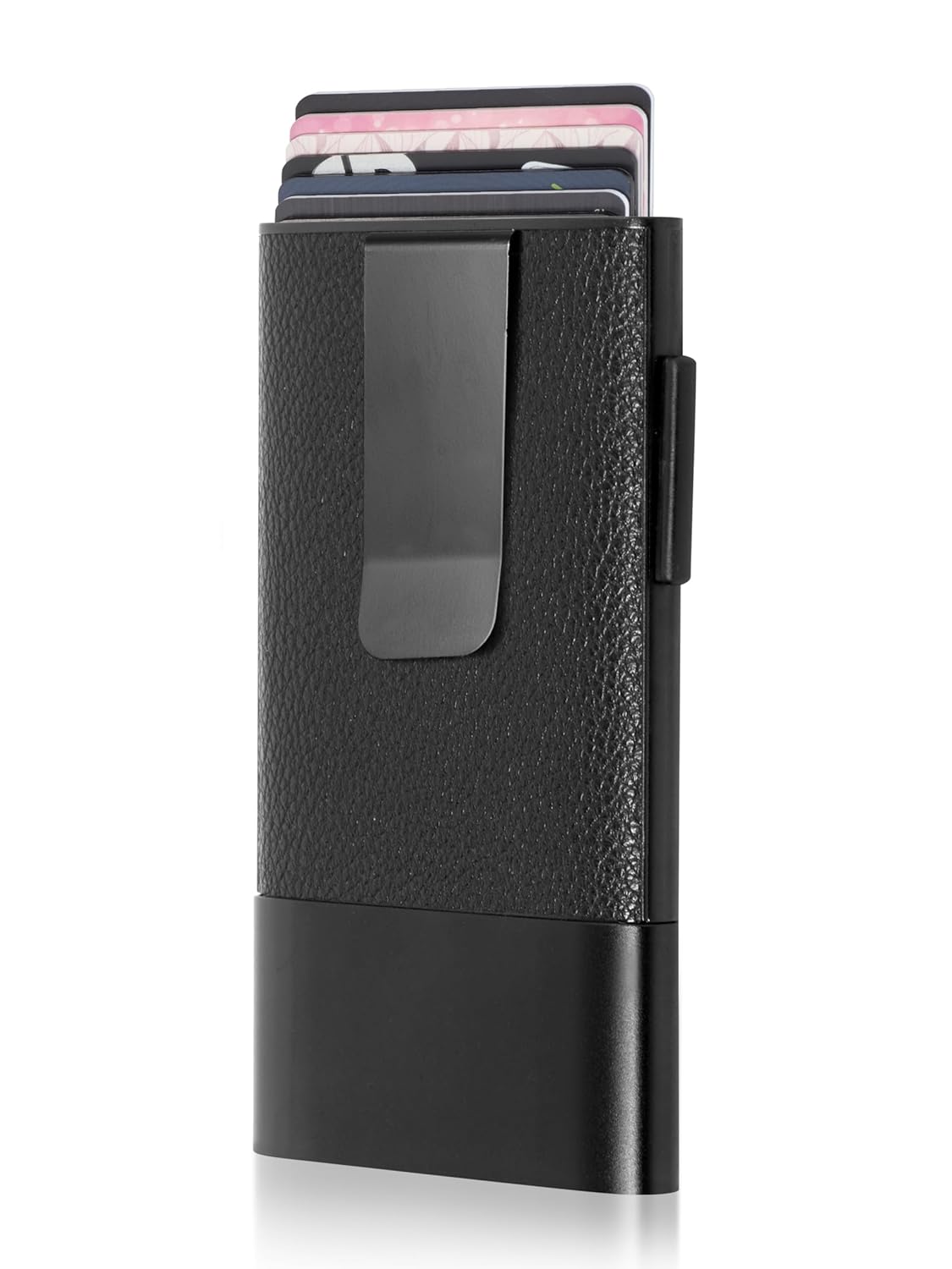 Fidelo Minimalist Men's Wallet with Money Clip - RFID Blocking, Holds 6 Cards - PU Leather & Aluminum Construction - Quick & Secure Card Access, Durable Trigger Spring - Black PU Leather with Money Clip