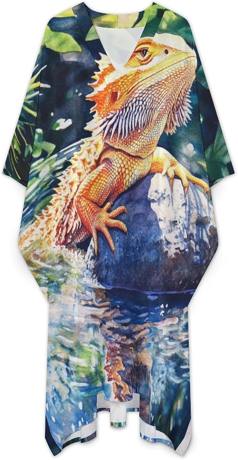 Bearded Dragon on Rock Men's Kaftan Thobe V-Neck Long Gown Loose Robe