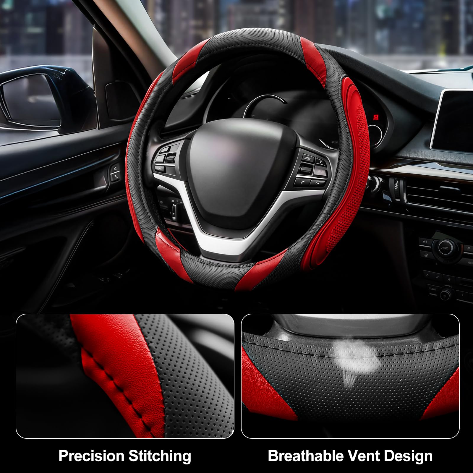 Couvre Volant en Cuir pour Voiture - Couvre de Volant Sportage Universal 37-38cm Noir, Couvre Volant Respirante Antiderapante, Rouge