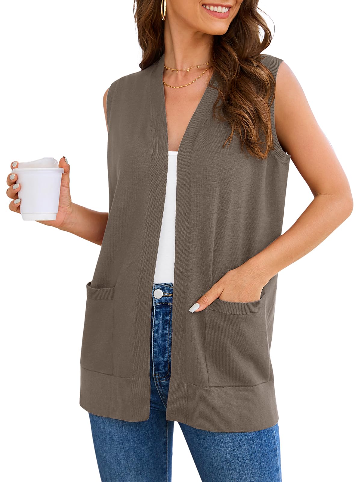 Wiwclo Veryoung Women Vests Fashion Casual Sleeveless Cardigan Sweaters Soft Knit Dressy Ladies Sweater Vest with Pockets