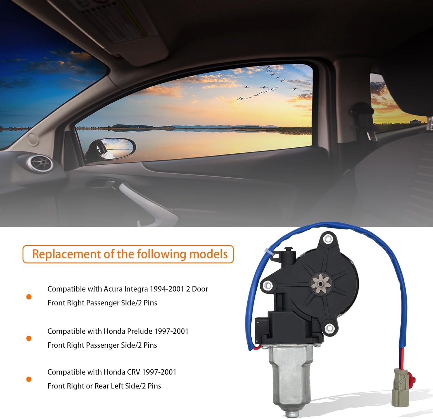 2 pins Power Window Motor Compatible with Acura Integra 2 Door 1994-2001&Honda Prelude 1997-2001 Front Right/Honda CRV 1997-2001 Front Right or Rear Left， Replace for 72215S30A02 742-849