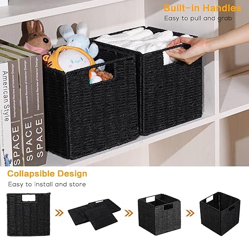 Miniatura 4 de Vagusicc Cestas de mimbre para almacenamiento, juego de 2 cestas de almacenamiento plegables tejidas a mano para estantes con asa integrada + juego