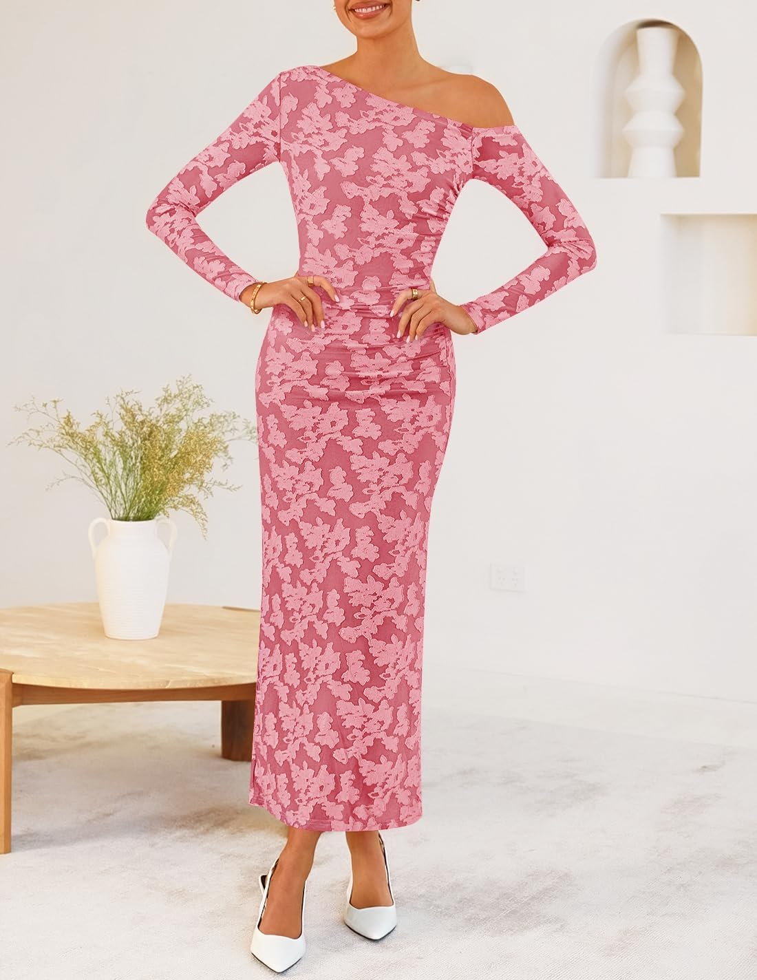 ZESICA Women's Spring Floral Off Shoulder Bodycon Maxi Dresses 2026 Long Sleeve Ruched Elegant Cocktail Party Dress - Image 9