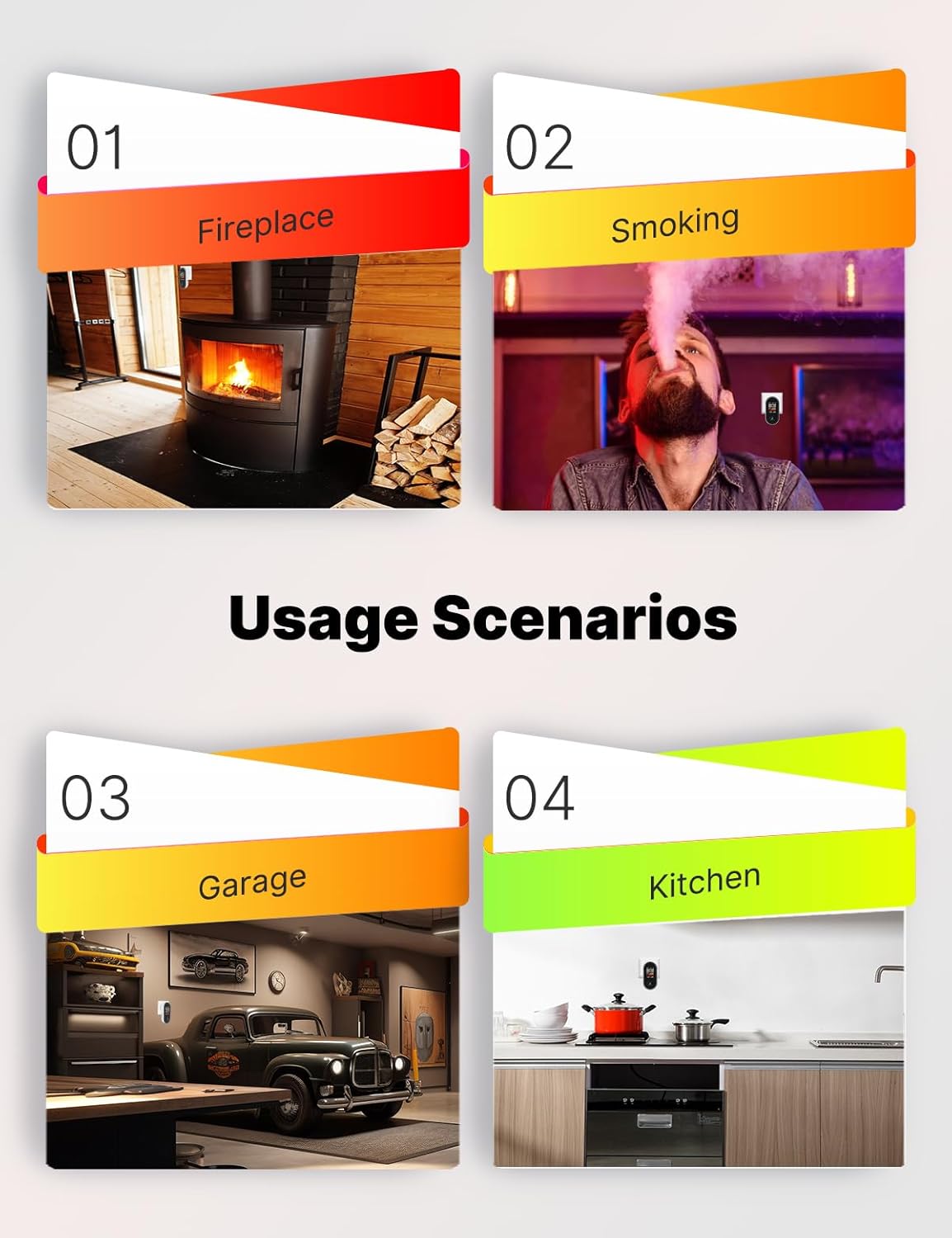 Collage of images showing the MOES detector in various usage scenarios: fireplace, smoking, garage, and kitchen