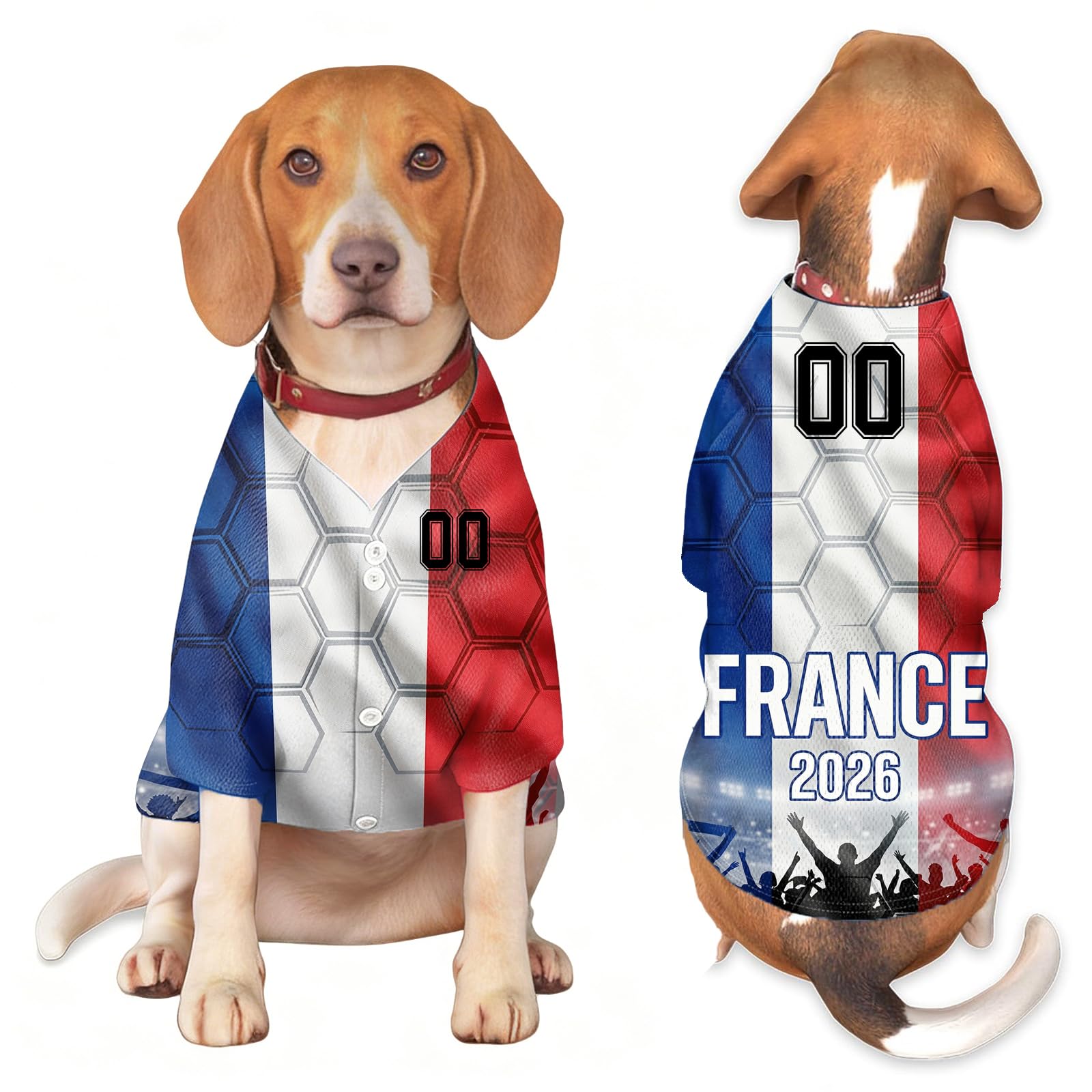 Maillot de Foot Personnalisé pour Chien, Maillot de Foot Personnalisé Coupe du Monde 2026, Col V, avec Nom et Numéro, Tricolore, pour Petit, Moyen et Grand Chien (Style A)