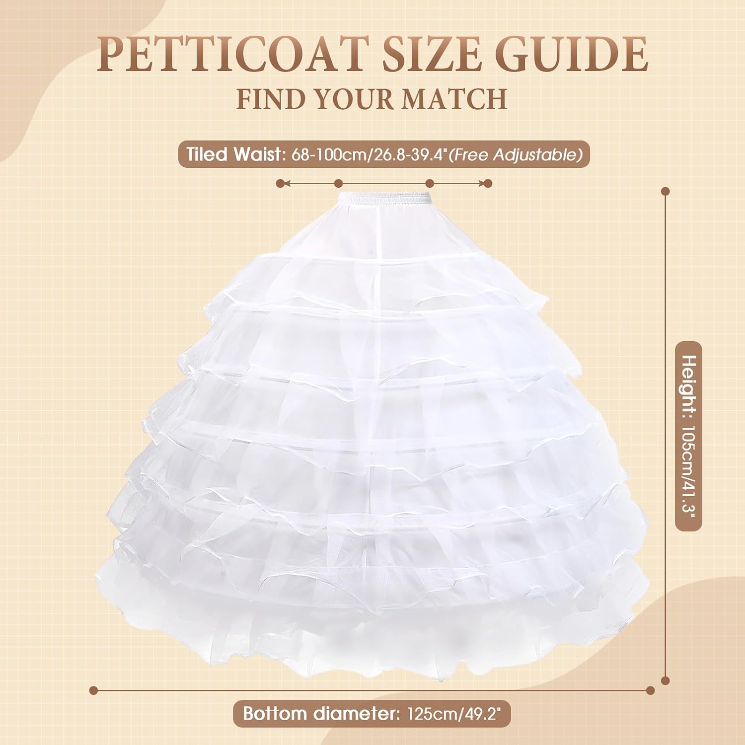 6 Hoop Tulle Crinoline Petticoat Underskirt for Wedding Quinceanera | Adjustable Elastic Waist Lightweight Flexible Hoop Skirt Easy to Fold and Store All-Day Comfortable Wear