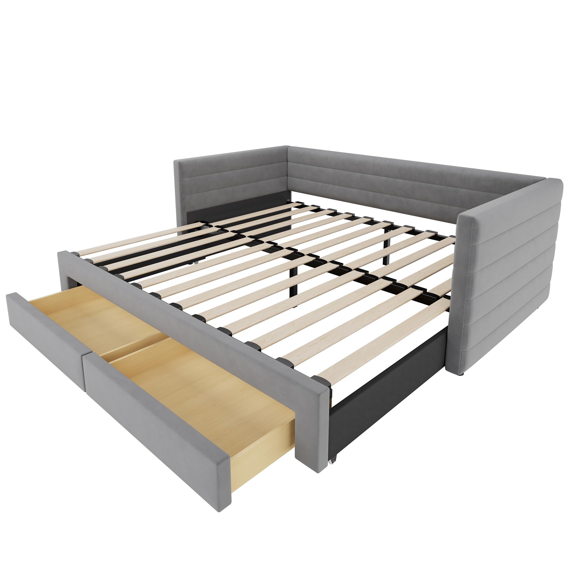 Soweiz Lettino imbottito 3 in 1 divano letto estraibile 90 x 190 cm, letto con cassetti, trasformabile in singolo/matrimoniale con rete a doghe, cotone e lino (senza materasso) (grigio)