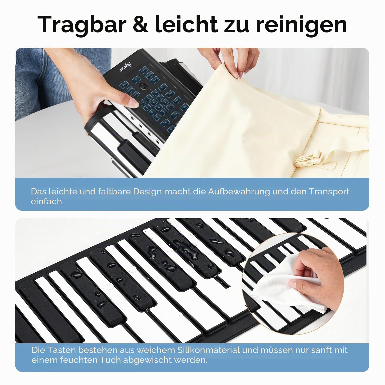 POGOLAB 88-Tasten-Roll-Up-Keyboard-Piano, wiederaufladbares Roll-Up-Piano mit 20 Demos/128 Klangfarben/128 Rhythmen/Kopfhöreranschluss/Bluetooth/Drum-Kit, faltbares Reise-Handroll-Piano für alle