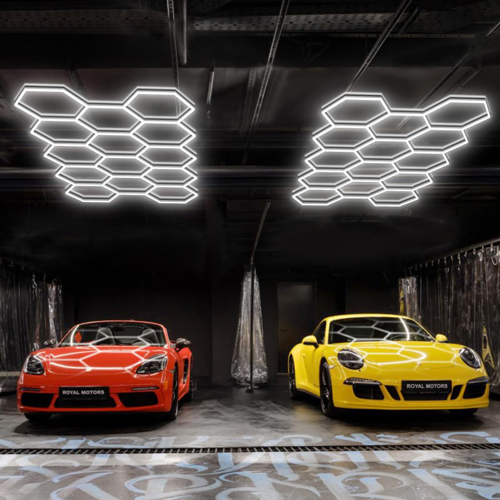 LED Hexagon Beleuchtung-57pcs Röhrenleuchten, 456W 4.1m x2.4m,Superhell verknüpfbare LED-Deckenleuchten für Garage, Werkstatt, Fitnessstudio, Keller, Auto-Schönheitssalon, Autopflegegeschäft”(14-HEX)