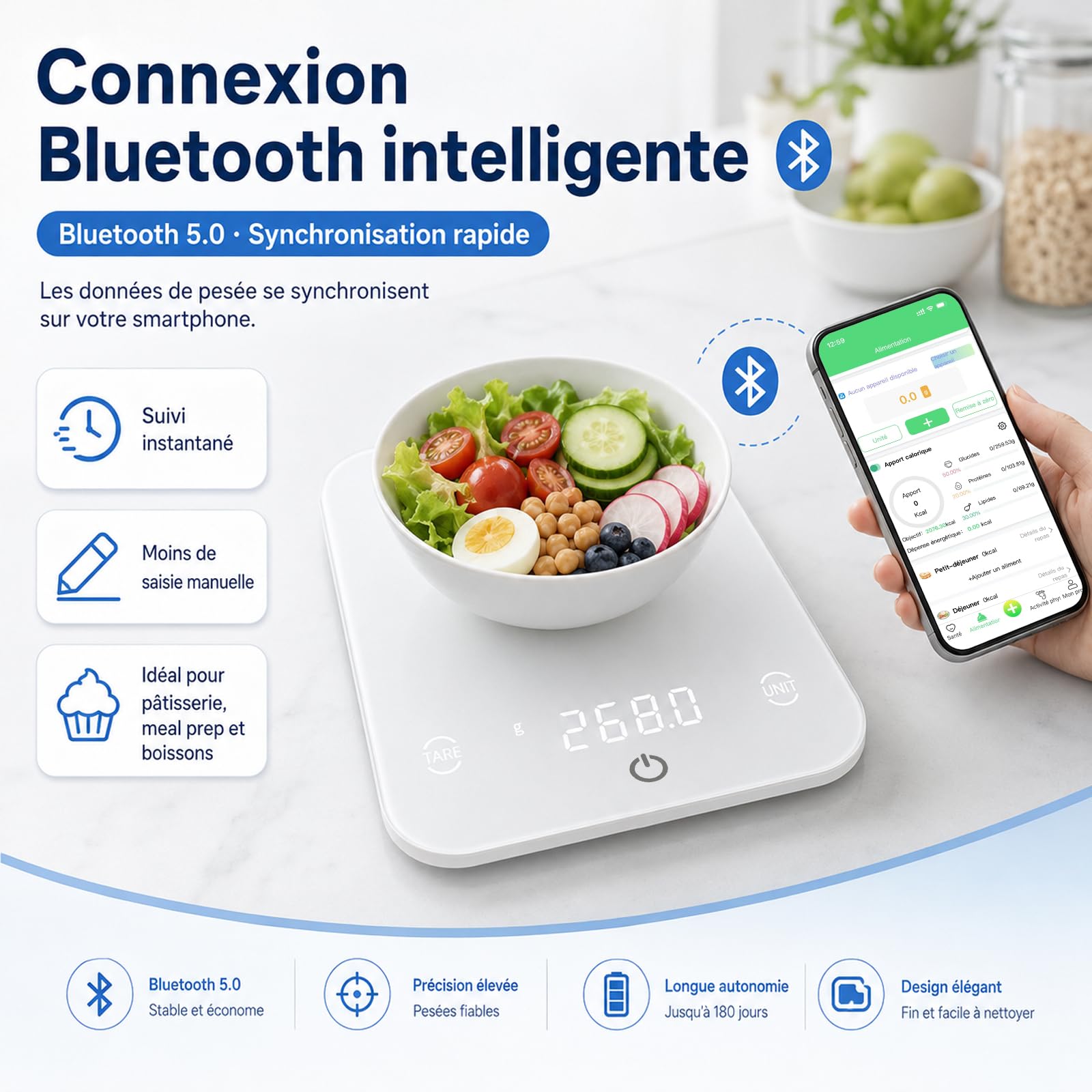 Balance de cuisine intelligente à valeur nutritive – Capacité de pesée : 10 kg – Division : 0,1 g – Bluetooth 5.0 – Mini-programme – Scan de code-barres – Plateau en verre trempé