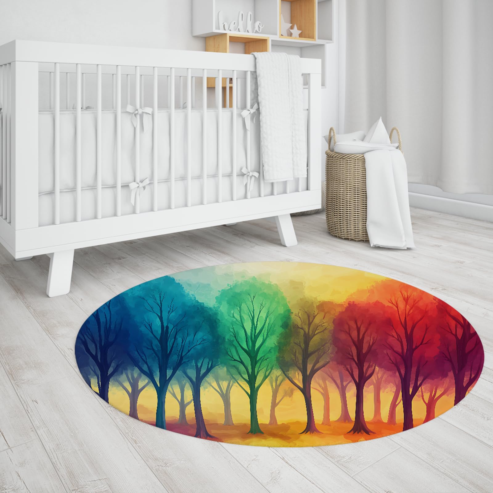 Tapis rond arbre coloré lavable doux 140cm buanderie cuisine extérieur
