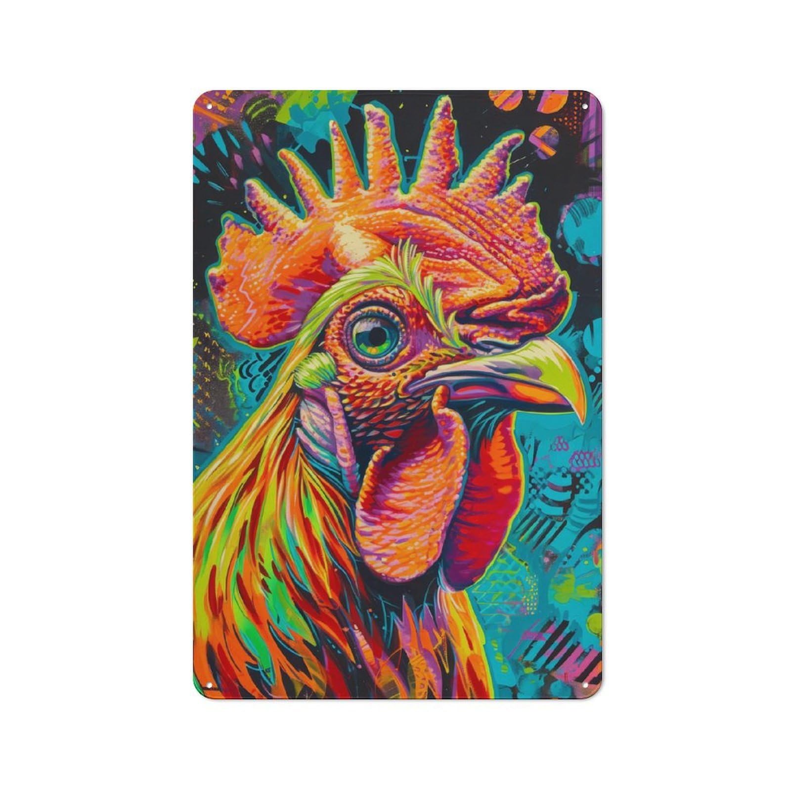 Tin Wall Plaque 30x20cm with Colorful Rooster Portrait for Man Cave Or Games Room, for Garage, Workshop And Man Cave Decoration