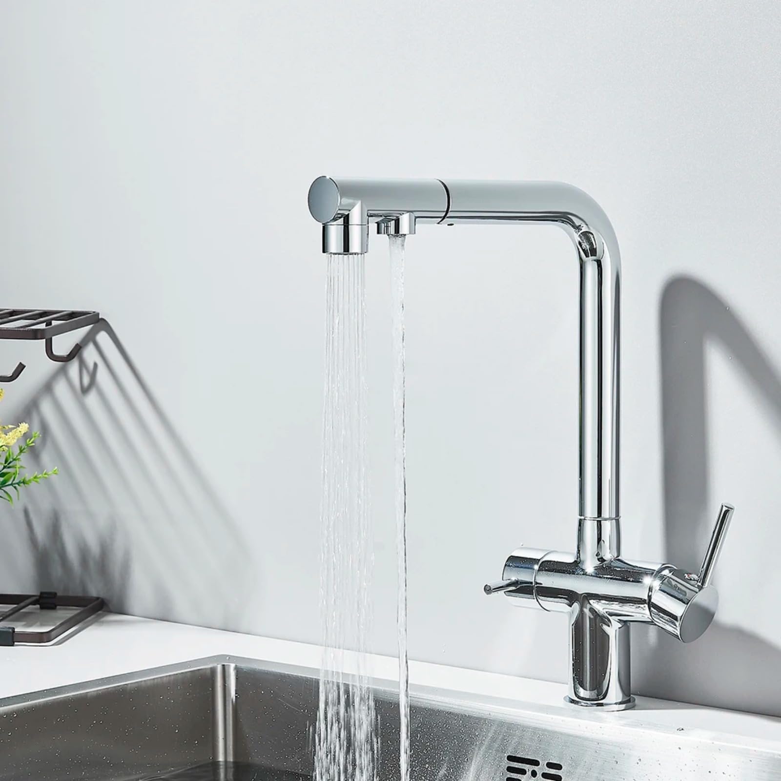 Zqfhsx Pull Out Kitchen Faucet With Dual Handle 2 Mode Swivel Spout Chrome Hot & Cold Water Mixer Purification Filter Tap For Sink
