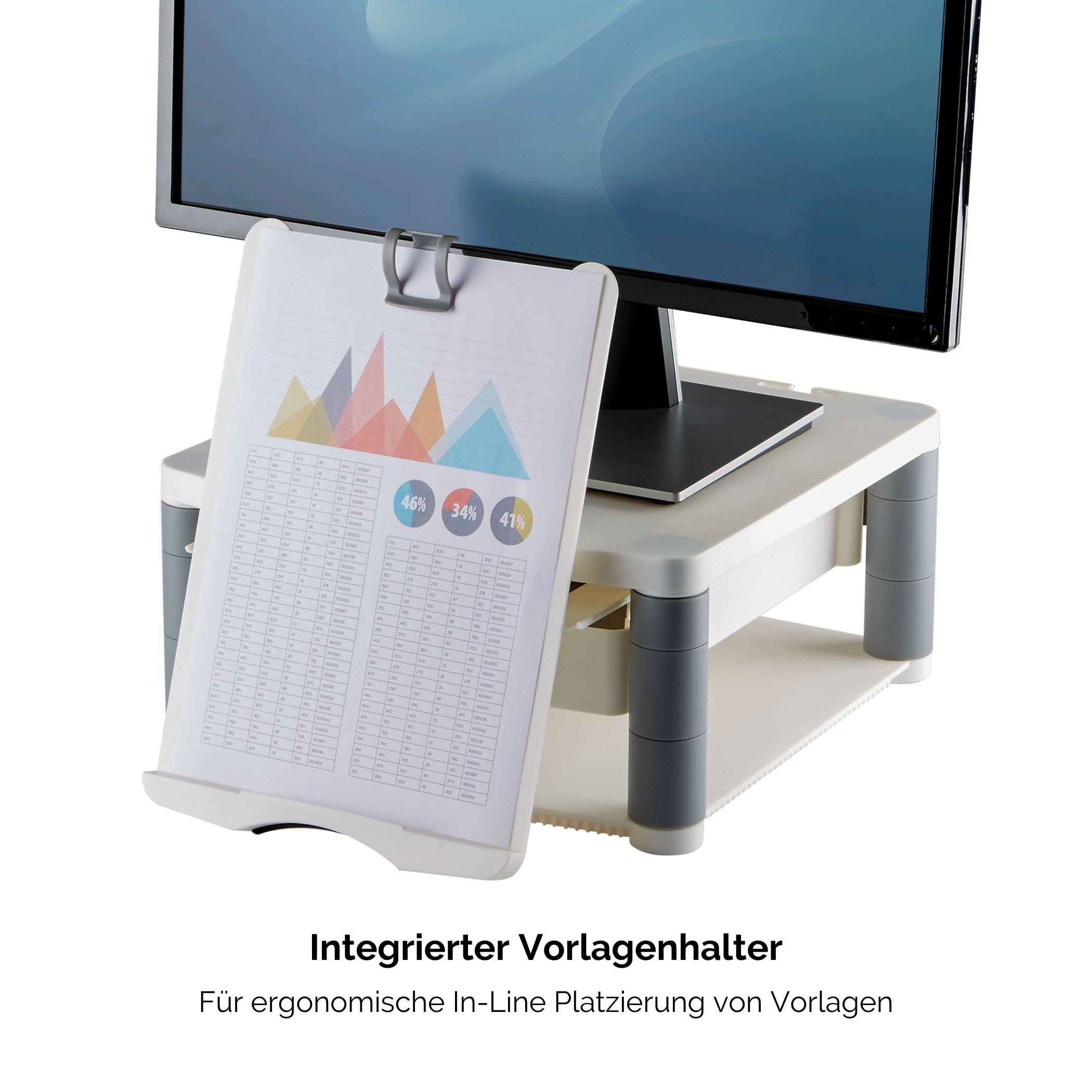 Fellowes Monitorständer Premium Plus, höhenverstellbar in 5 Stufen, ergonomisch, sehr stabil für Monitore bis 21 Zoll,, mit Schublade und Sichtfeld-Vorlagenhalter, weiß-grau