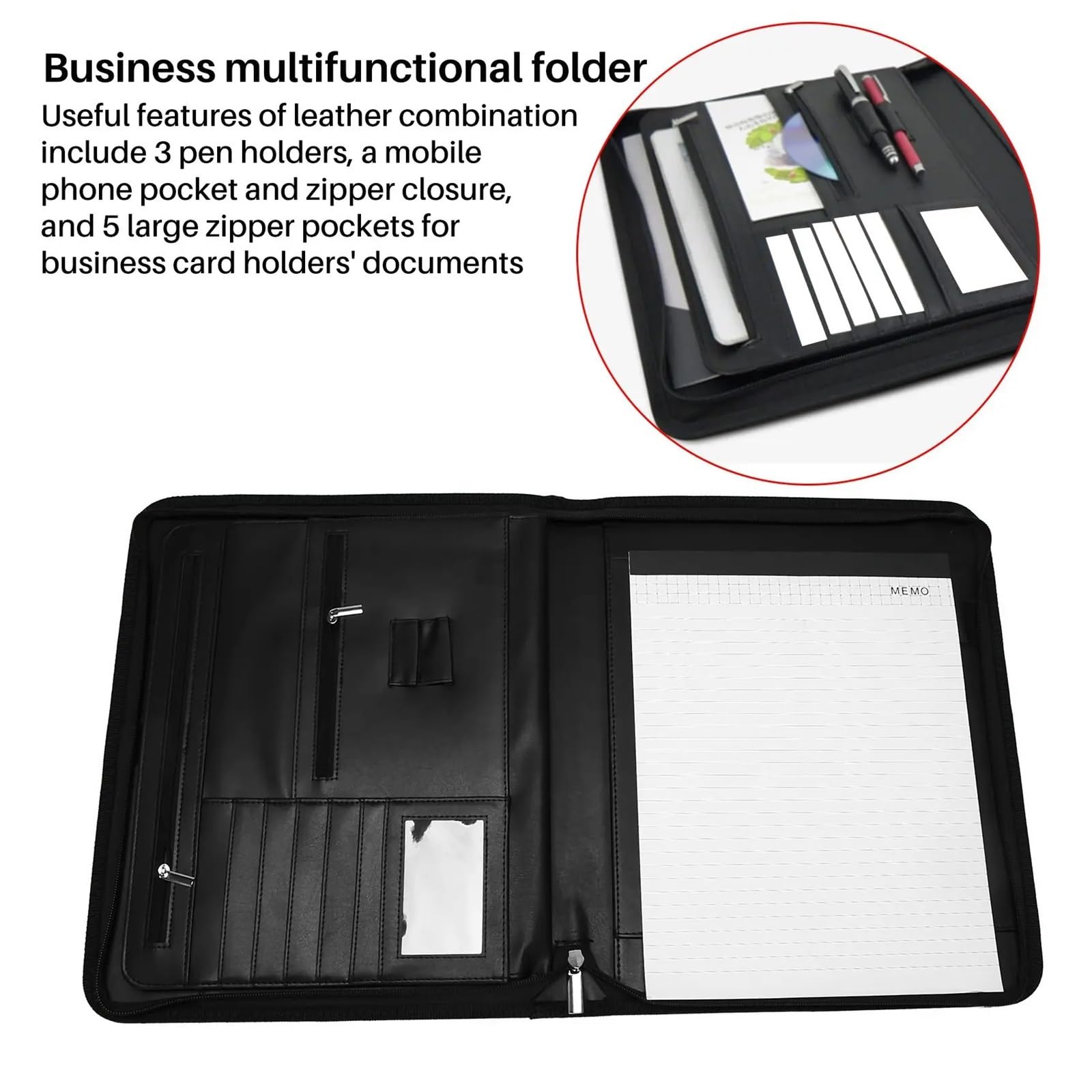 Documentos en cuero Carpeta de cuero con cierre cremallera for mesa negocios y tarjetas, carpeta for currículums, entrevistas para Oficina