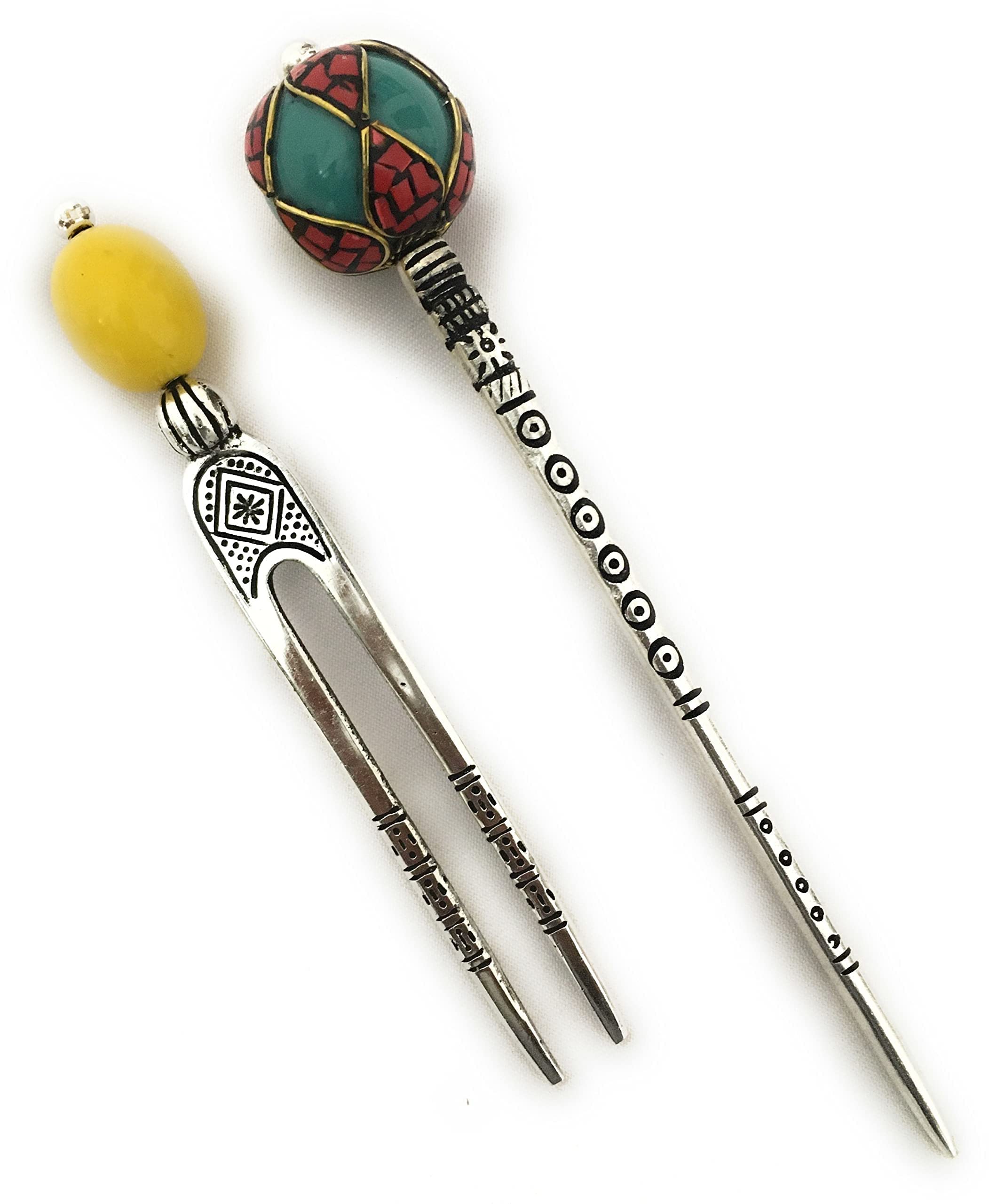 Hand crafted Oxodise Metal bun stick & U- type Bun stick with pearl (Pack of 2, Multicolor)