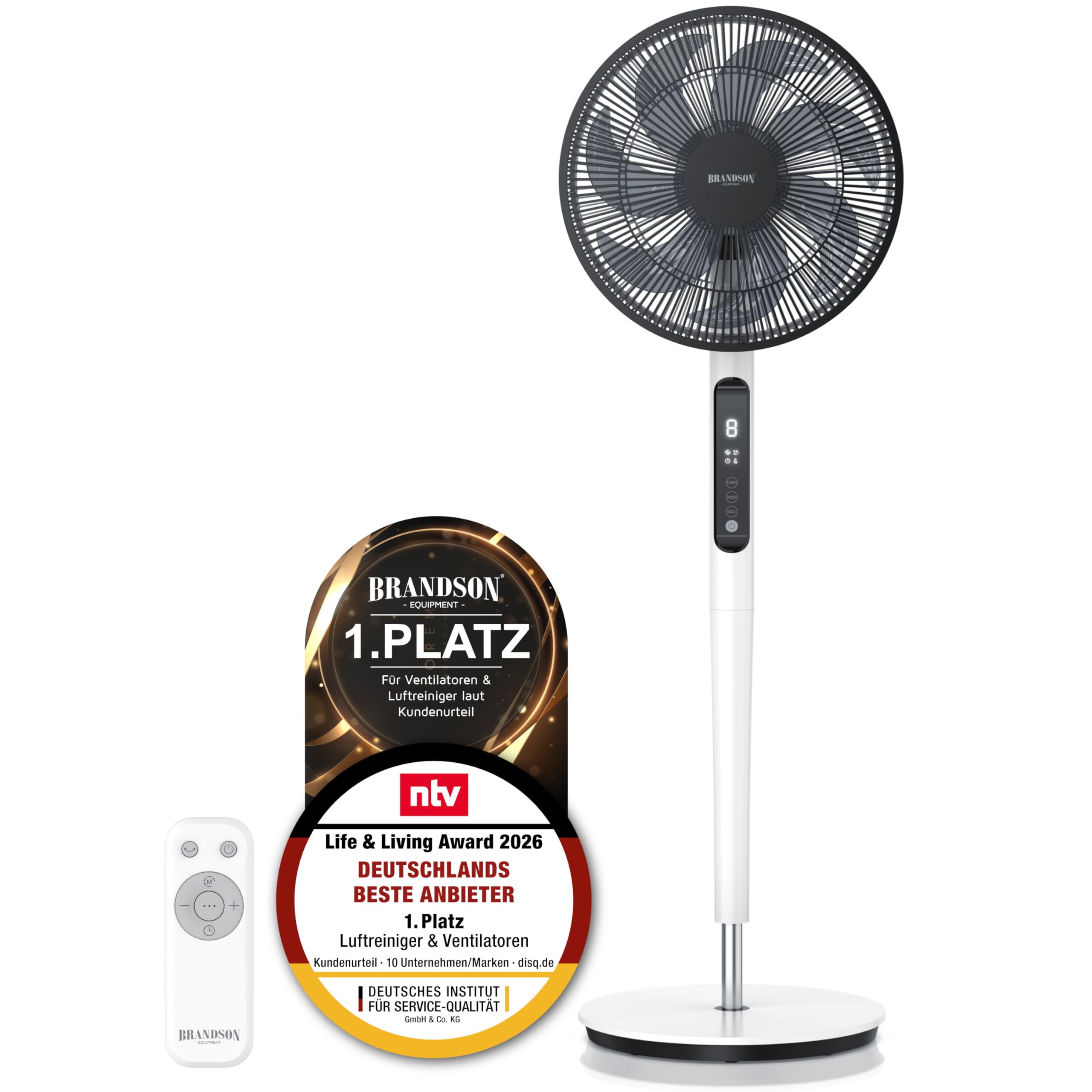 Brandson - DC Standventilator energiesparend ECO - Sieger Ventilatoren 2026 - Fernbedienung - Brushless Silent Motor - sehr leise – Oszilation 60° 90° 120° - 12 Stufen - Turbo Modus - weiß