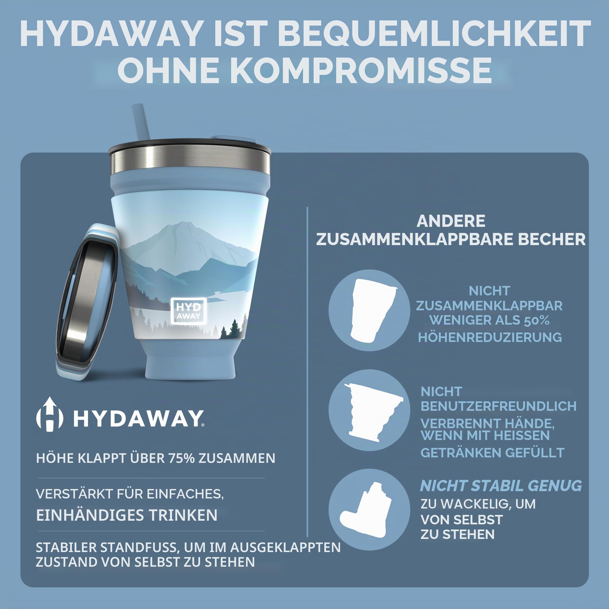 HYDAWAY Faltbarer Getränkebecher | Tragbare, Isolierte, Heiße und Kalte Getränketasse für Kaffee, Tee, Smoothies, Bier, Cocktails, Reisen, Pendeln, Camping, Veranstaltungen | 473ml Kapazität