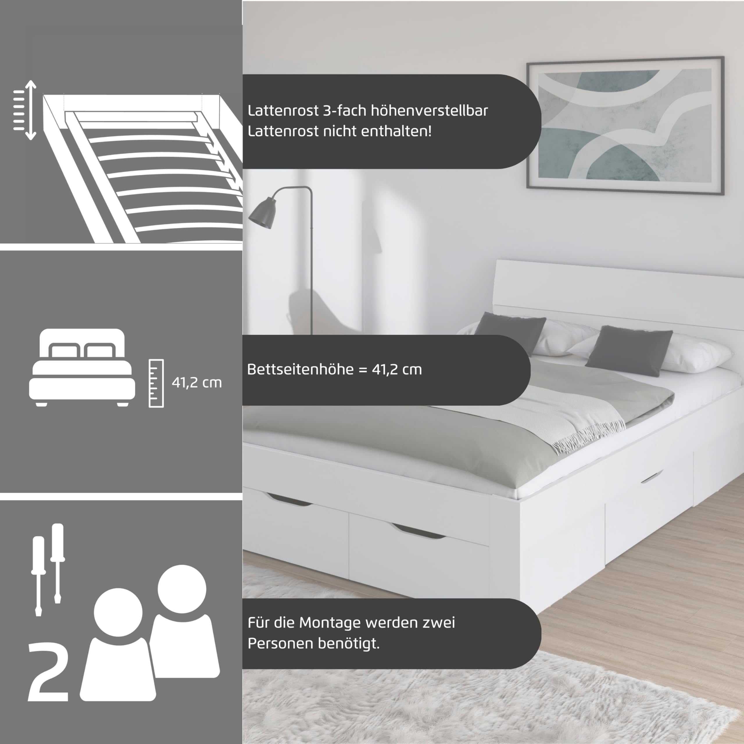 Rauch Möbel FLEXX, Bett, Farbe Eiche Sonoma, Maße 145x90x209 cm | Doppelbett, Stauraumbett, mit 3 Schubladen, für Schlafzimmer, Jugendzimmer, Gästezimmer, Liegefläche 140x200 cm