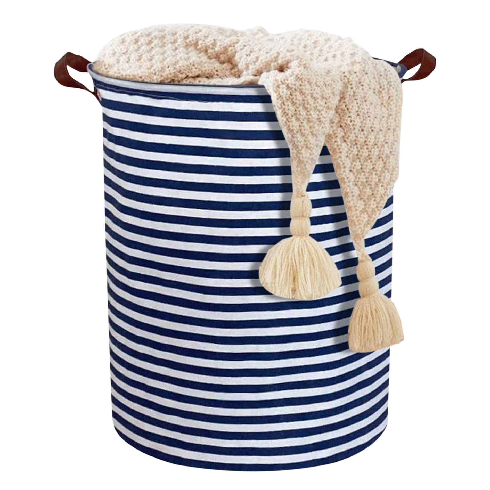 80L Laundry Basket with Handles Collapsible Laundry Hamper Folding Washing Storage for Dirty Clothes Bedroom, Bathroom (Blue Line Round basket)