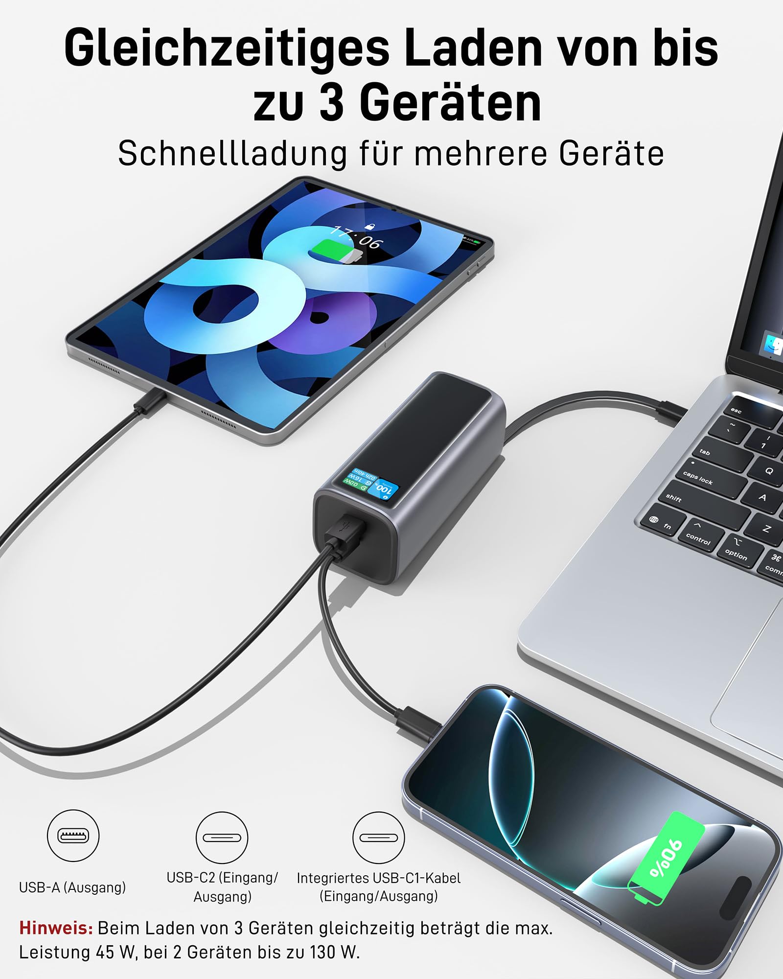 VINKO 20000mAh Powerbank 130W Schnellladung mit integriertem einziehbaren USB-C Kabel, Externer Handyakku kompatibel mit Laptop, iPhone 16/15 Pro Max, Galaxy S24 Ultra, MacBook, Dell