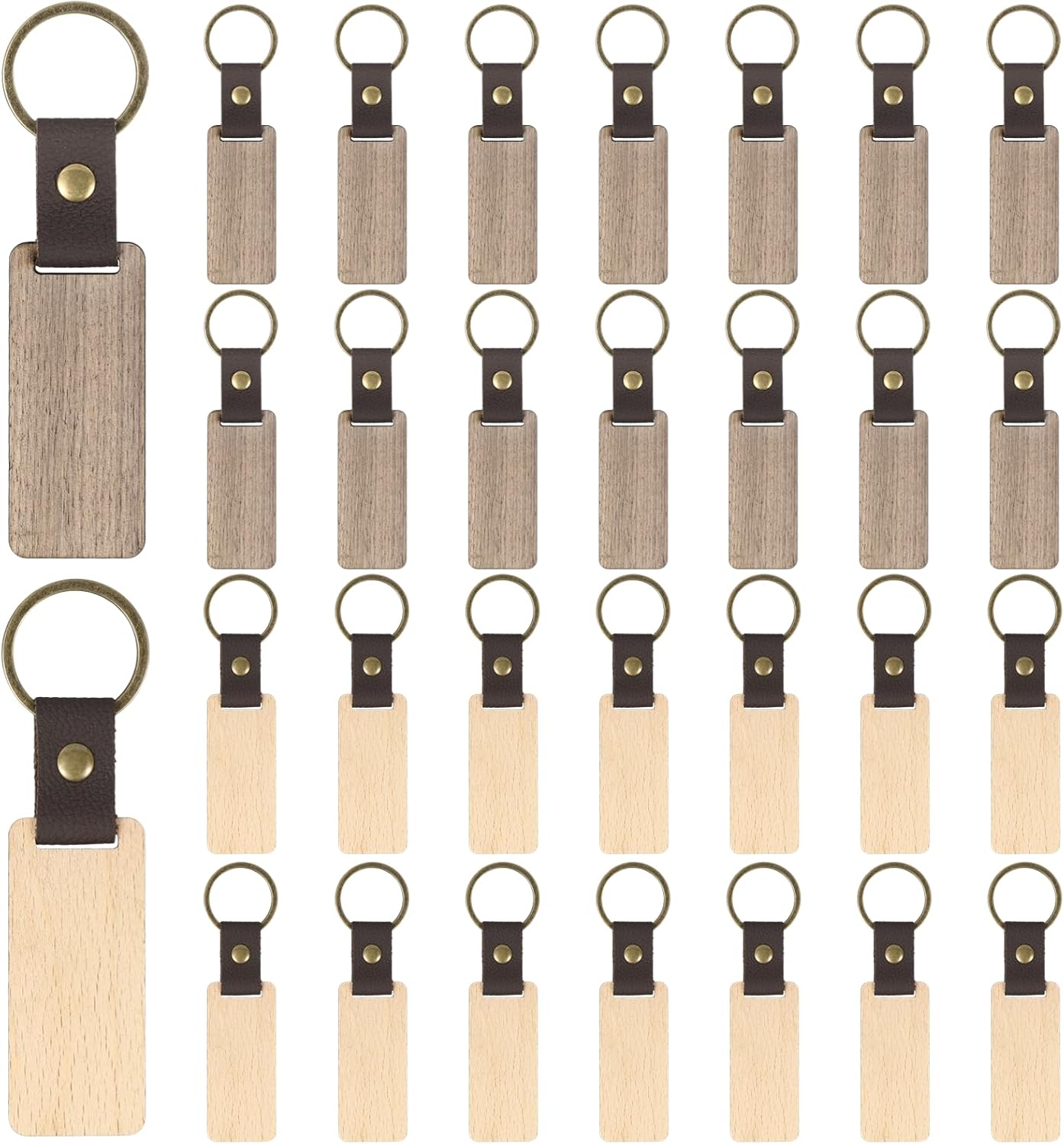 30 Pcs Leather Wooden Keychain Blanks, Beech Walnut Keychains with Leather Straps & Metal Rings, Rectangular Blank Tags, Unfinished Wood Key Tags for Engraving, DIY Crafts, Personalized Gifts - Image 2