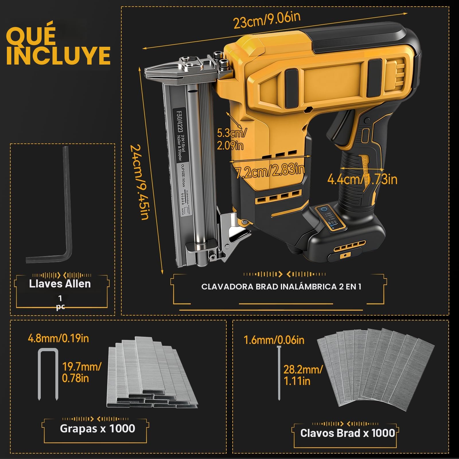 Clavadora Brad Inalámbrica para Batería Dewalt 20V Max, Pistola de Clavos Grapadora de Batería 18GA, Clavadora Grapadora Eléctrica 2 en 1 con 1000 Clavos y 1000 Grapas para Mejoras del Hogar y