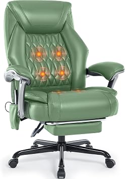 Massage Office Chair, Ergonomic Executive Reclining Leather Desk Chair | Foot Rest, 6 Points Vibration & Heat, Thick Padded Seat, Wide Padded Armrests, Breathable PU Leather Comfy Chair