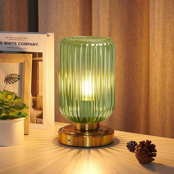 LightRound Cordless Table Lamp for Bedroom, 7500mAh Rechargeable Battery Operated Lamp, Modern Touch Dimmable Wireless Lamp Gold Base Green Glass Shade for Living Room, Desk, Led Bulb Included